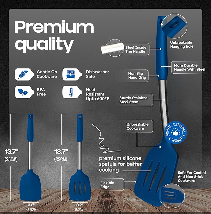 BakeRoyal Silicone Spatula Set - Turner Spatulas Silicone Heat Resistant 600°F - Slotted & Solid Spatula for Cooking Fish, Eggs, Pancakes Flipper – Spatulas for kitchen use – Royal Blue