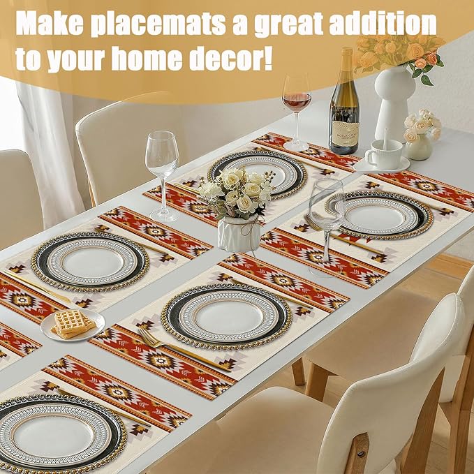 Southwestern Placemats Set of 6, Rusty Red Tribal Geometric Linen Place Mat Washable Stain Resistant Table Mats for Farmhouse Kitchen Dining Decor 12x18 Inch