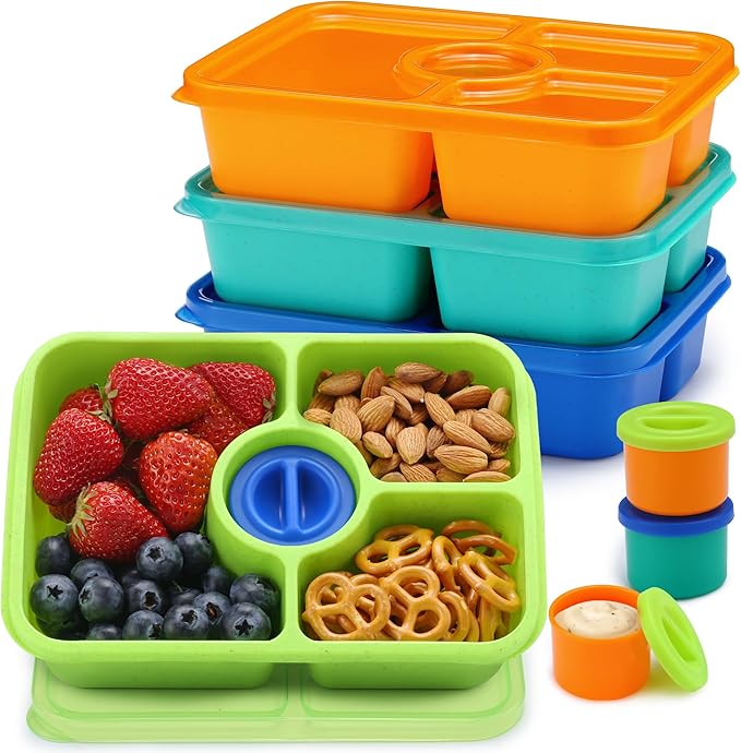 Bento Snack Box Containers, Meal Prep Container Reusable for Kids, Stackable Bento Box Adult 4 Pack, Divided Food Storage Containers with Clear Lids, Sauce Container, Bright Colors