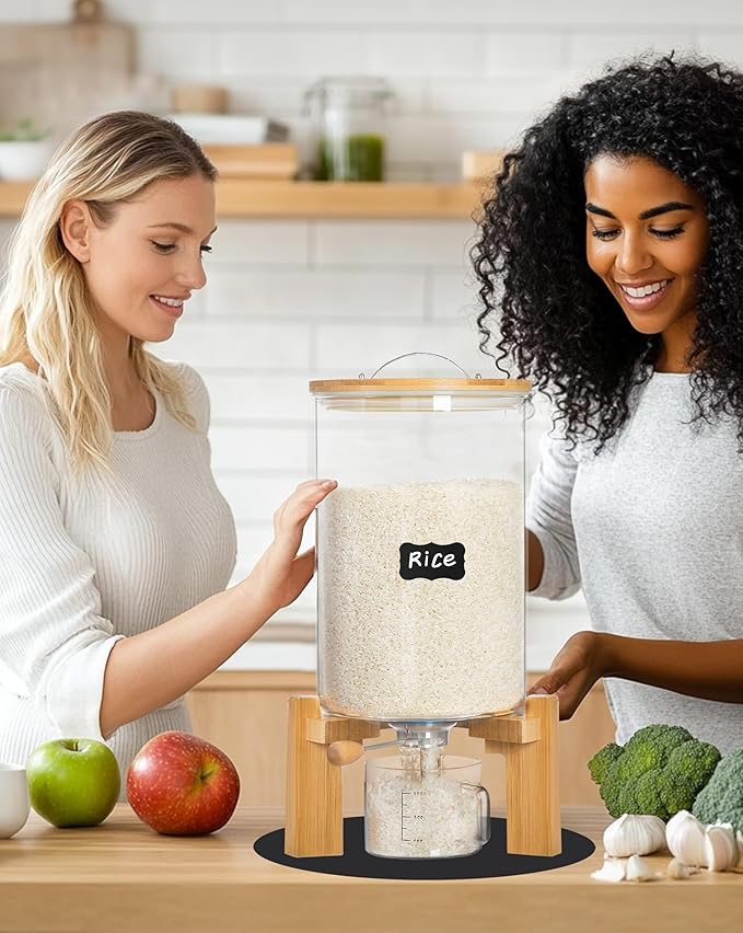 14-16 lbs Glass Rice Dispenser with Wooden Stand Flour and Cereal Container with Glass Measuring Cup & Labels & Slider mat Pantry Food Organization Storage Bin with Airtight Bamboo Lid, 8L