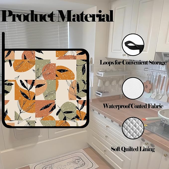 Pot Holders Set of 2 Heat Resistant & Non Slip Potholders,Boho Abstract Tropical Leaves Symbol Oven Hot Pads for Kitchen Cooking Baking Barbecue and Gifts for Women