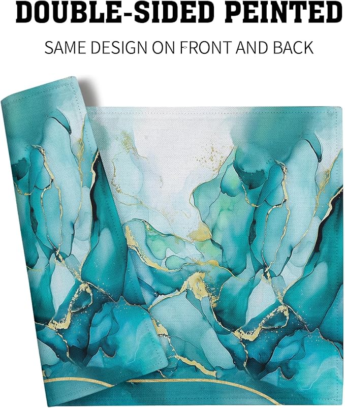 Giwawa Teal Marble Placemats Set of 4- Turquoise Blue Gold Marbling Linen Place Mat 12x18 Inch- Modern Stone Print Washable Heat Resistant Table Mats for Kitchen Dining Indoor Outdoor Decor
