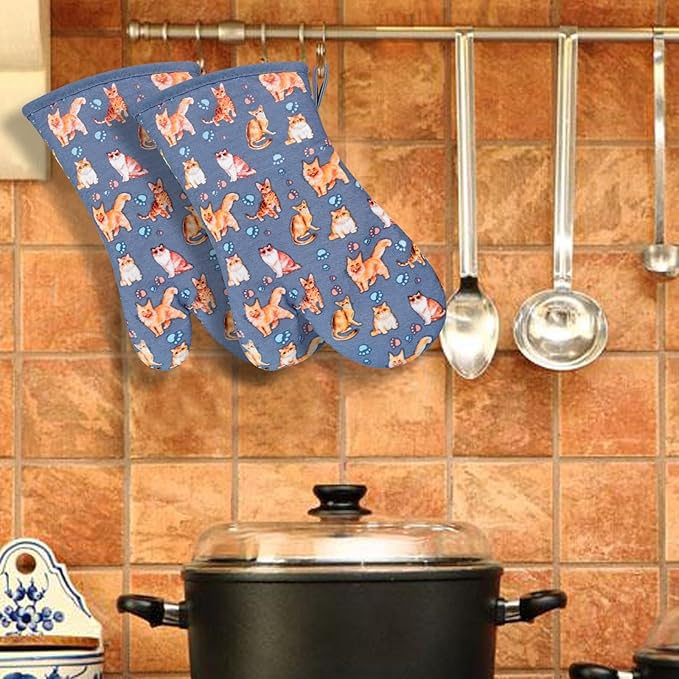 Oven Mitts Gloves 1 Pair Heat Resistant 480 ℉ Non Slip Clear Silicone Printed Cat Comfortable Cotton Lining Kitchen Men Cooking Barbecue Machine Washable (Cat, Grey Mitts)