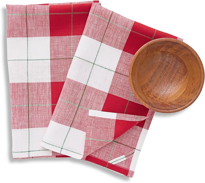 Solino Home Linen Kitchen Towels 17 x 26 Inch - 100% Pure Linen Red and White Very Merry Tartan Plaid Kitchen/Tea Towels Set of 2 - Handcrafted and Machine Washable