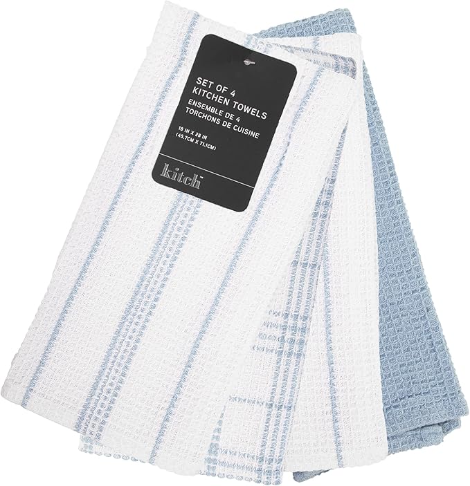 MosJos Kitchen Towels Set of 4 Dish Towels Blue n White Waffle Weave Cotton Hand Towels, 18 x 28 Absorbent Kitchen Linens
