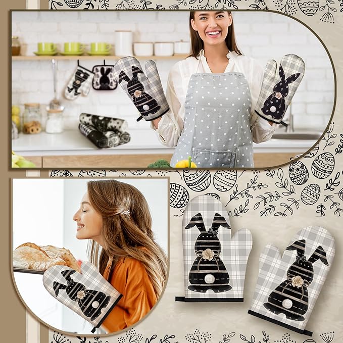 VitalCozy 10 Pcs Easter Kitchen Decor Set Oven Mitts and Pot Holders Rabbit Kitchen Towels Bunny Rugs and Mats for Chef Baking Cooking Grilling BBQ Gift