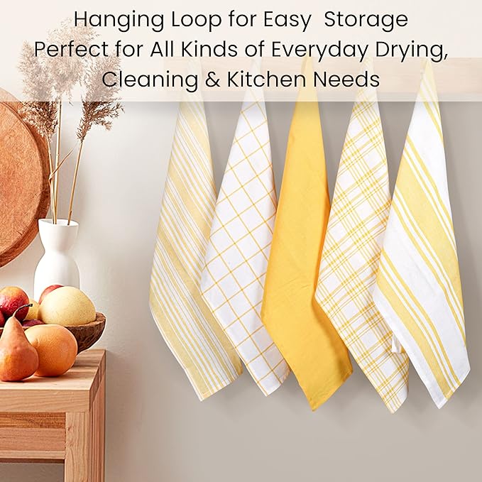 Cotton Clinic Assorted Kitchen Towels 5 Pack – Soft Absorbent Quick Drying Table & Kitchen Linen - Dish Towels, Dish Cloths, Tea Towel and Cleaning Towel with Hanging Loop – 16x28 / Yellow White