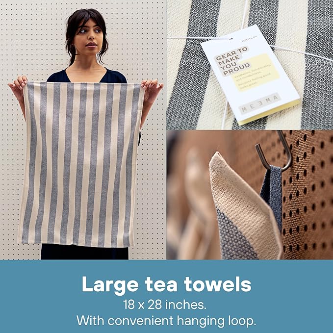 MEEMA Upcycled Spring Kitchen Towels Cotton Fabric | Super Absorbent Hand Towels with Hanging Loop | Cleaning Rags and Dish Towels for Kitchen | Blue Stripes | Large 18 x 28 Inch | 4-Pack