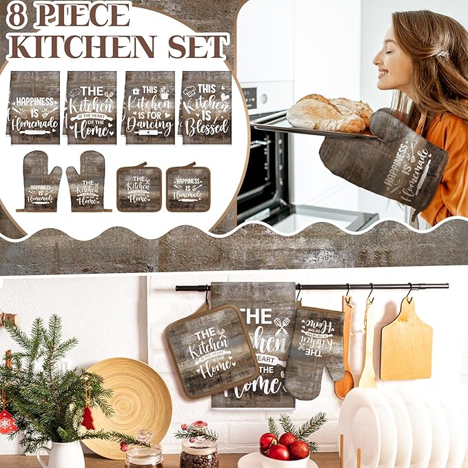 Leinuosen 8 Pcs Kitchen Towels and Oven Mitts Sets Pot Holders Dishcloths Set Kitchen Decorative Accessories Absorbent Potholders Heat Resistant for Chef Baking Cooking