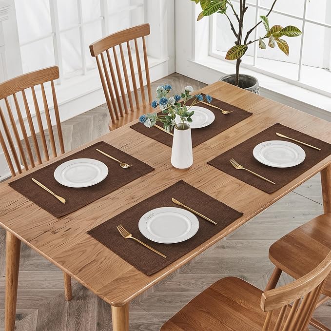 BALCONY & FALCON Faux Linen Placemats Set of 4 Washable Place Mats Heat Resistant Table Mats for Restaurant Dining Christmas Thanksgiving Party Indoor Outdoor （Brown, 17.7x11.8 in, 4PCS