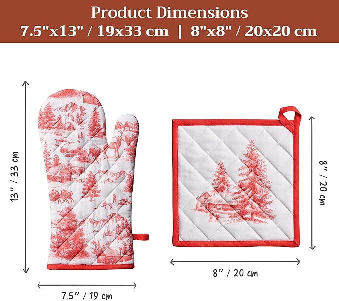 Maison d' Hermine 100% Cotton Oven Mitt & Pot Holder Set (7.5"x13" & 8"x8") Heat Resistant BBQ Cooking Gloves with Loop for Thanksgiving Christmas Decorations Handling Hot Pans (Winter Jouy)