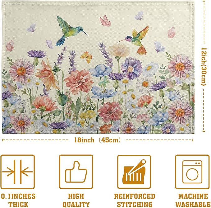 Flowers Bird Spring Summer Placemats Set of 4 Watercolor Floral Hummingbird Butterfly Place Mats 12x18 Inch Wildflowers Grass Seasonal Farmhouse Linen Table Mat for Kitchen Dining Decor