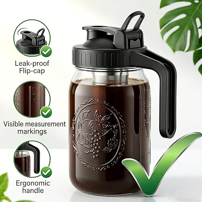 Cold Brew Coffee Maker 32 Oz Wide Mouth Mason Jar Pitcher With stainless steel Filter 1 Quart Airtight & Leak-Proof cold brew pitcher with pour spout lid and handle For iced Coffee Tea and lemonade