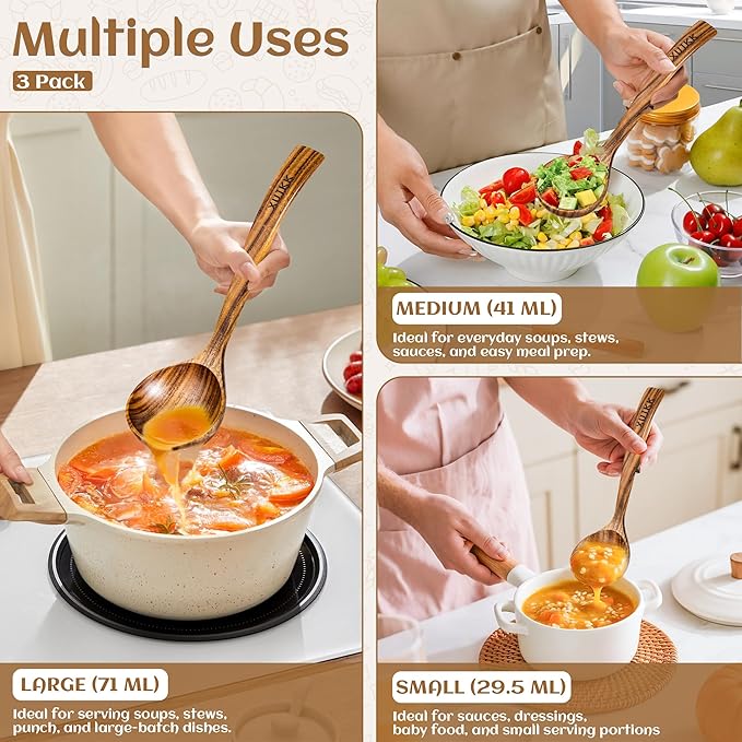 Wooden Ladle for Soup, Set of 3 Natural Teak Wood Ladle with Back Hooks, Wooden Soup Ladle for Cooking, Serving and Stirring | Comfortable Grip, Heat-Resistant &Non-Stick Teak Wooden Utensil Set