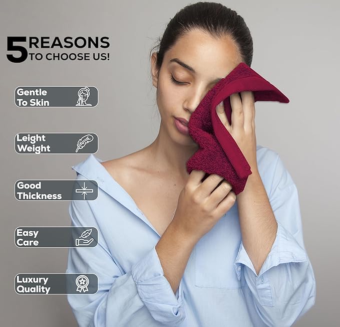 GOLD TEXTILES Luxury Wash Cloths Set of 12, Red Wine (13x13 Inches) 100% Ring Spun Cotton, Premium Feel with High Absorbancy Ideal Washcloths for Bathroom,Salon, Spa and Gym