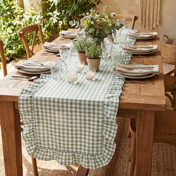 HunnmingRe 1 Pcs Sage Green Plaid Gingham Ruffle Table Runner 118 x 13.8'' Farmhouse Table Runner 100% Cotton Scalloped Long Dresser Scarves for Dining Room, Wedding, Kitchen Rustic Home Decor