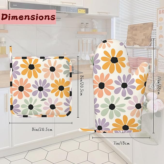 Abstract Retro Groovy Daisy Flower Heat-Resistant Silicone Oven Mitts and Pot Holder 4 Piece Set,Non-Slip Kitchen Oven Gloves for Baking, BBQ, Cooking,Grilling
