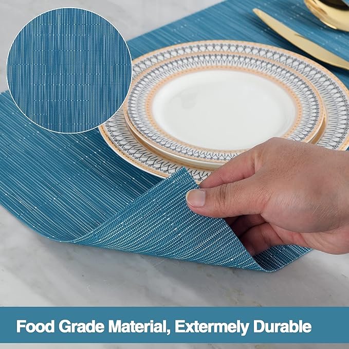 SLKQG Vinyl Placemats Set of 6 - Easy Clean Place Mats - Washable Heat Resistant Table Mats for Dining Table - 17x12 Inch (Sky Blue Turquoise, 6)