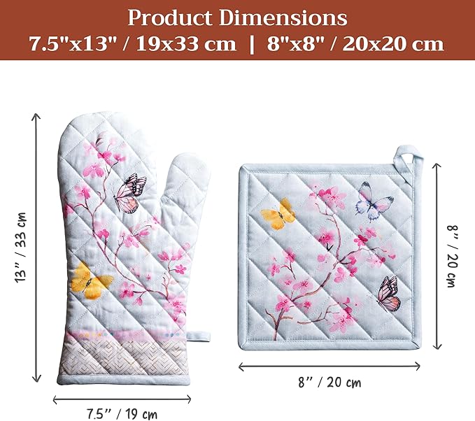 Maison d' Hermine 100% Cotton Oven Mitt & Pot Holder Set (7.5"x13" & 8"x8") Heat Resistant BBQ Cooking Gloves with Loop Grilling Kitchen Gifts for Mothers Day Spring/Summer (Blossoms in Spring)