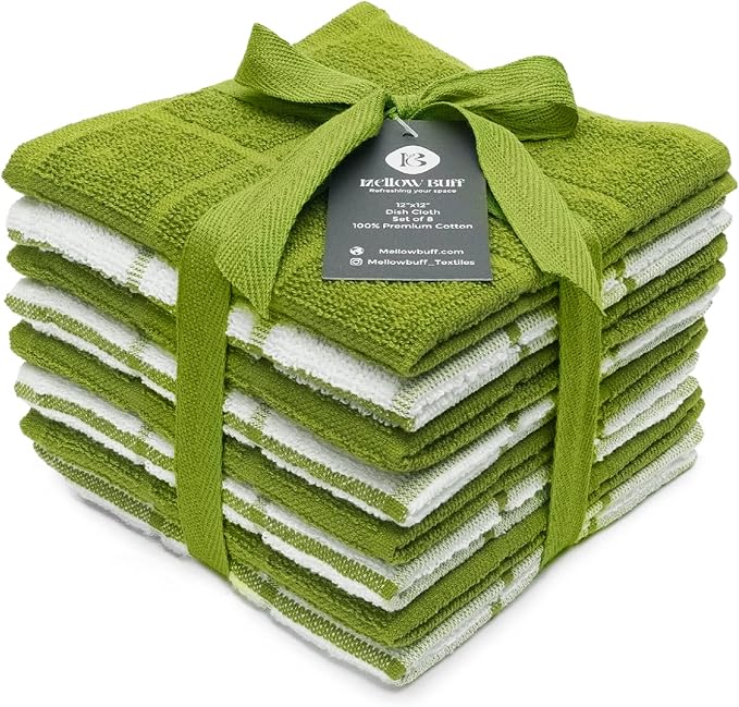 100% Cotton Terry Dish Cloth & Dish Towel, 8 Pack, Super Soft and Absorbent Kitchen Towels, Perfect for Kitchen Cleaning and Dish Washing (Green (Solid and Checks) 8 Pack)