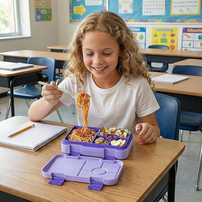 Bento Lunch Box for Kids, 6 Compartments BPA Free, Dishwasher Safe Back to School Snack Bento Lunch Containers Boxes, Ideal Portion Sizes for On-the-Go Meal, Ages 3+, School, Purple Patterned