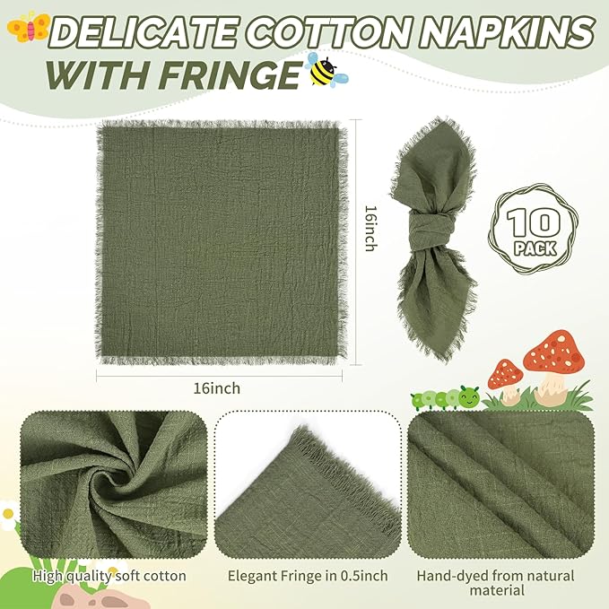 Showgeous 10 Pack Olive Green Cloth Napkins with Fringe 16x16 inch 100% Cotton Green Napkins Handmade Dinner Napkins Bulk Washable Soft Rustic Table Napkins for Wedding Parties Bridal Baby Shower
