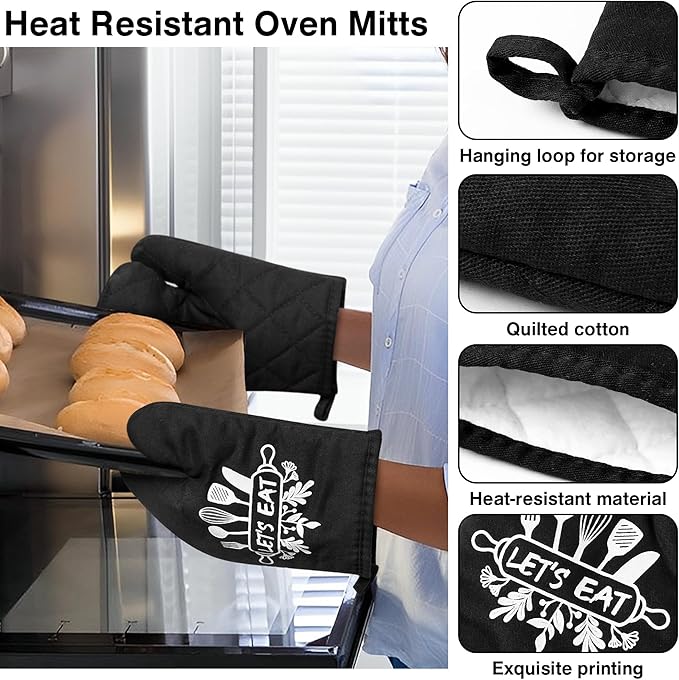 GROBRO7 6Pcs Cotton Oven Mitts Pot Holders Set Let's Eat Heat Resistant Hot Pads Machine Washable Microwave Gloves with Hanging Loop Pocket Potholder for Daily Kitchen Baking Cooking Grilling Black