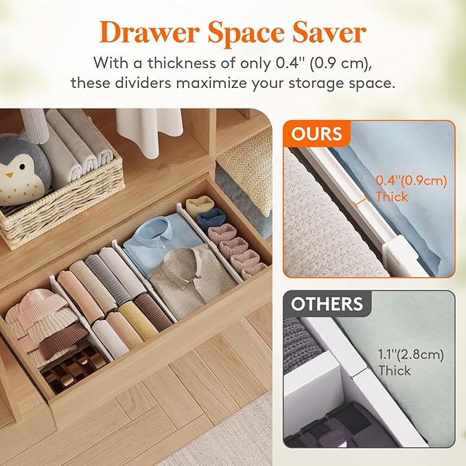 Lifewit 4" Tall 14 Pack Drawer Dividers, 27-42cm/10.5-16.5" Expandable Drawer Divider for Clothes, Adjustable Dresser Drawer Organizers, Drawers Separators for Dresser/Bathroom/Closet/Kitchen White