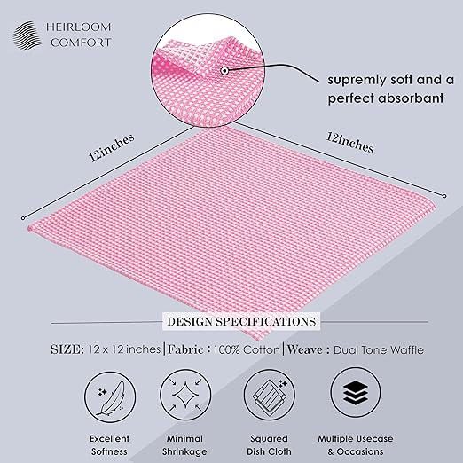 12 Pack Dual Tone Waffle Weave Dish Cloth, 12"x12", 100% Cotton, Absorbent, Fast Dry, Soft for Cleaning, Durable Dishcloth Set, Machine Washable, Hand Dish Towels, Baby Pink