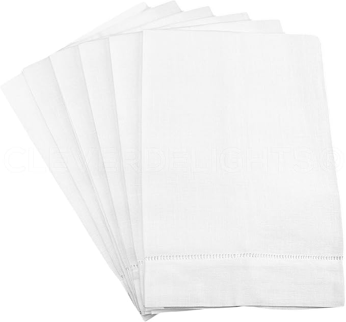 CleverDelights White Hemstitched Hand Towels - 6 Pack - 14" x 22" - 45/55 Cotton Linen Blend