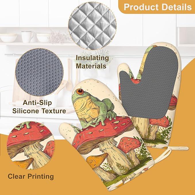 Green Frog Oven Mitts and Pot Holders Sets,Silicone Mushroom Kitchen Mitts Potholders Heat Resistant 4Pcs Oven Gloves Hot Pads for Kitchen Baking Cooking