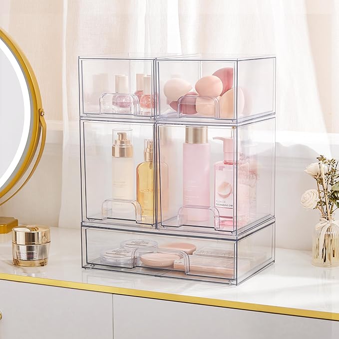 Vtopmart Stackable Storage Drawers Set of 4, Clear Plastic Organizer Bins for Bathroom Supplies,Ideal for Cabinet,Pantry,Laundry Room Organization