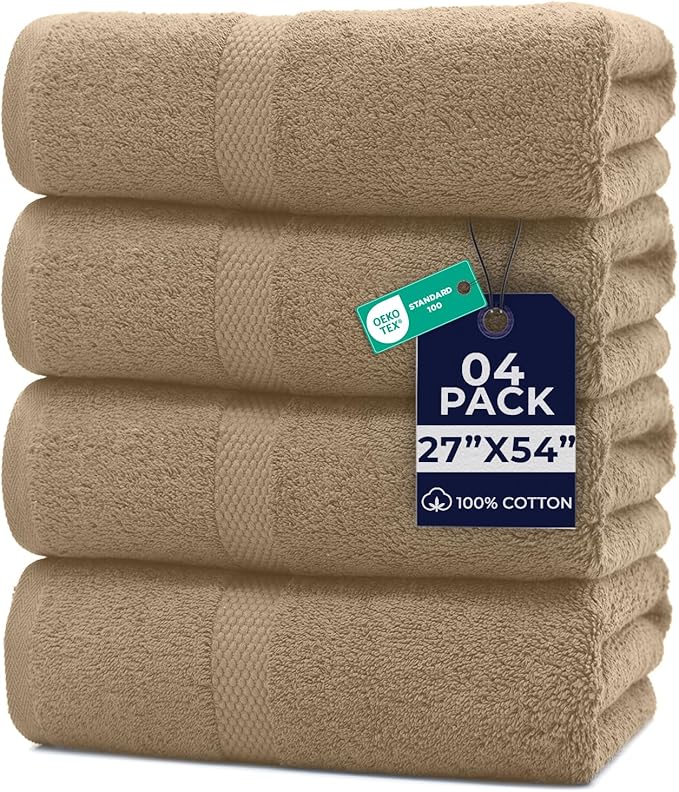 DAN RIVER Bath Towels Set of 4, 27 x 54 Inches, 100% Cotton, Larger & Lighter Weight, Quicker to Dry, Super Soft and Absorbent, Ideal Tan Bath Towels for Daily Use