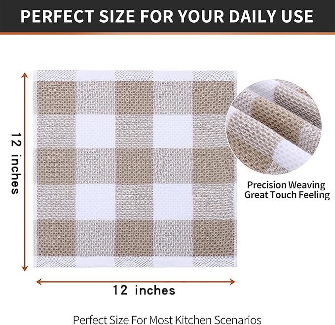 Homaxy 100% Cotton Waffle Weave Check Plaid Dish Cloths, 12 x 12 Inches, Super Soft and Absorbent Dish Towels Quick Drying Dish Rags, 12-Pack, White & Khaki