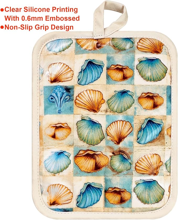 Pot Holders Set of 2 Heat Resistant 480 ℉Non Slip Clear Silicone Printed Comfortable Cotton Lining Kitchen Women Men Cooking Baking Microwave Machine Washable (Shell, Beige potholders)