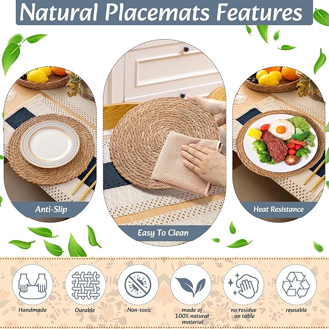Boho Placemats 4/6/8 Set of Round Woven Placemat Macrame Style Bicolor Stitching Long Table Runner Farmhouse Rustic Natural Burlap Cotton for Kitchen Dining Table(4 Sets,Blue,12x72)
