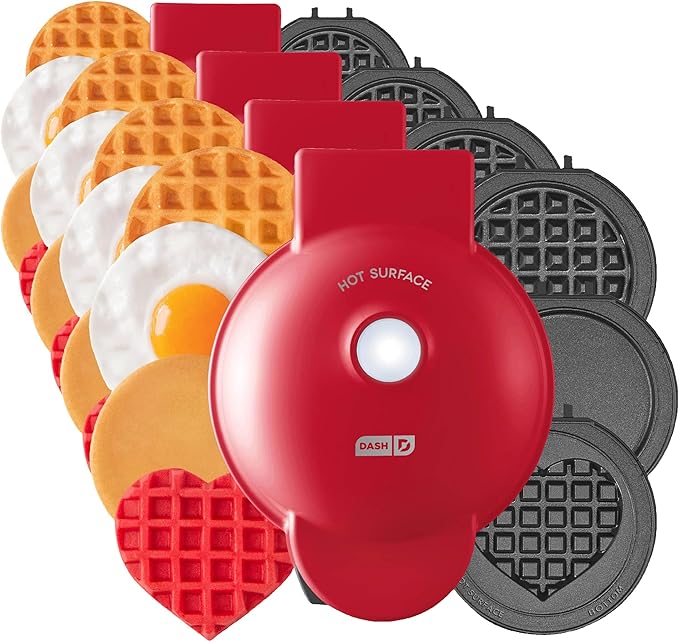 DASH Multimaker Mini System - Waffle Maker with Five 4” Removable Plates: Iron & Griddle, 3-in-1 Mini Waffle Maker for Kids and Families – Nonstick Surface, Just Add Batter (Red) (Pack of 4)
