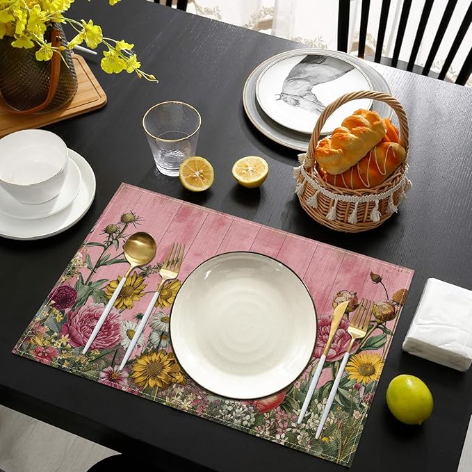 Vintage Wildflower Pink Wooden Placemats Set of 6, Washable Heat Resistant Table Mat Linen Place Mats for Party Kitchen Dining Home Decor 12x18 Inch