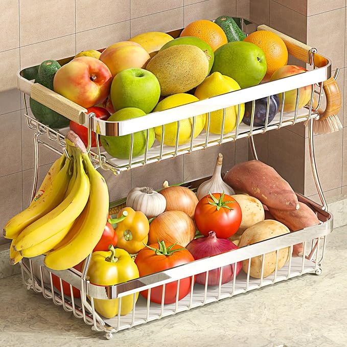 Sevenblue 2 Tier Large Fruit Basket for Kitchen Counter with 2 Mobile Banana Hangers, 2026 Pro Detachable Metal Fruit Bowl with Wooden Handle (Silver, 2 Tier Extra Large)