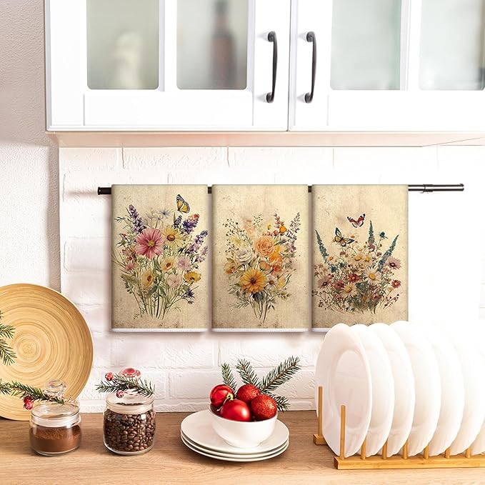 Bencailor 6 Pcs Wildflowers Kitchen Towels Decorative Sets Dish Towels Absorbent Fast Drying Hand Tea Vintage Hanging Reusable Cleaning Dishcloths for Cooking Farmhouse Bathroom Accessory