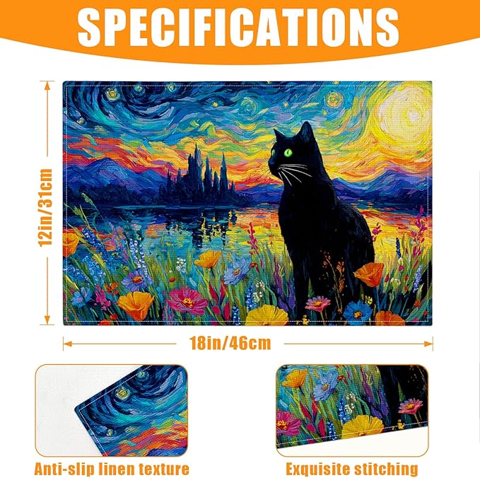 Starry Night Cat Placemats Set of 6,12 x 18 Inch Table Mats Washable Heat Resistant Linen Fabric Rectangle Place Mat for Party Home Kitchen Dining
