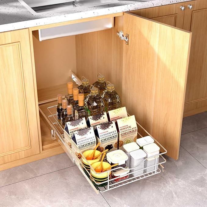 Pull Out Cabinet Organizer, (14½"W x 20" D) Soft Close Slide Out Drawer, 1 Tier Pull Out Cabient Shelf for Kitchen Base Cabinet Under Sink Space, Pantry Organization, Bathroom, Wire Basket
