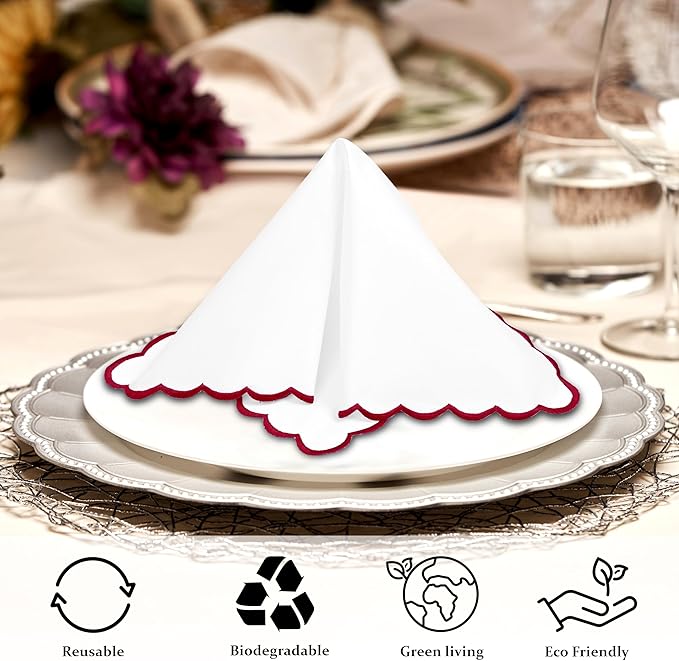 Ridhi Cloth Napkins 100% Pure Cotton Farmhouse Wedding Dinner Napkins Gift for Spring, Easter, Valentine, Holiday, Everyday Napkin (4-18" x 18" White with Rust Brown Edge)