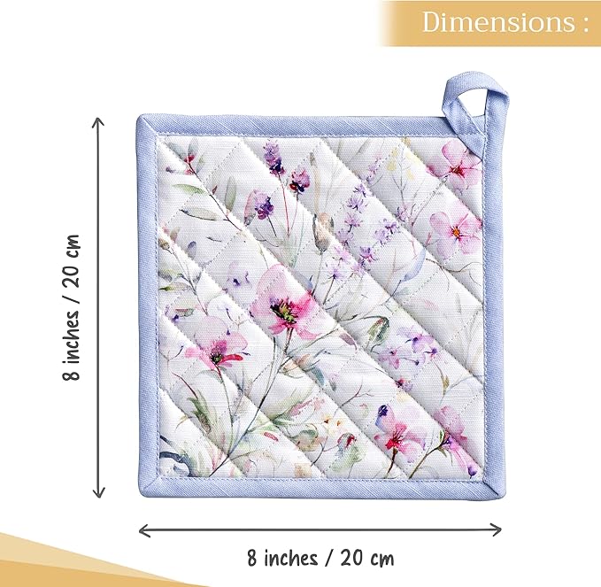 Maison d' Hermine Pot Holders 100% Cotton Heat Resistant Potholders 8" x 8" Hot Pads with Loop BBQ Cooking Baking Gifts for Mothers Day Handling Hot Pans Spring/Summer (Pack of 1, Summer Floral)