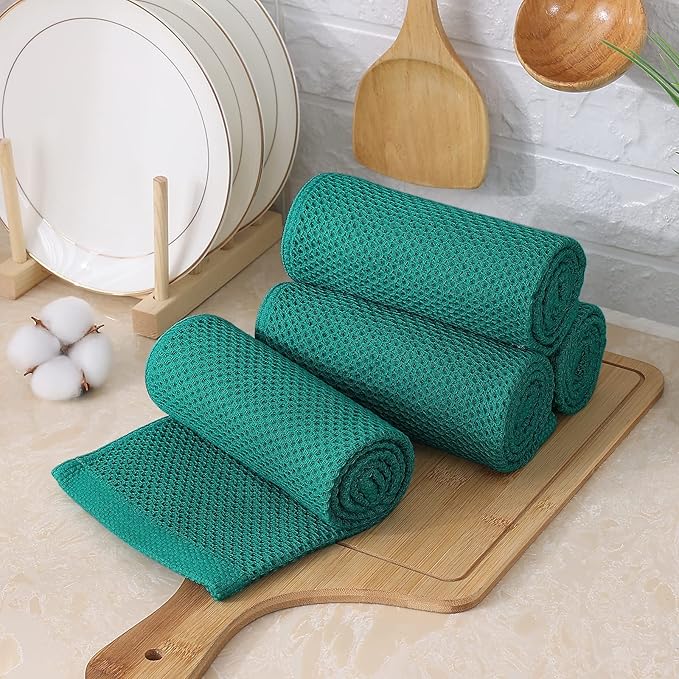 Kitinjoy 100% Cotton Waffle Weave Kitchen Hand Towels (13 x 28 Inches, Teal), 4-Pack Super Soft and Absorbent Dish Towels for Drying Dishes