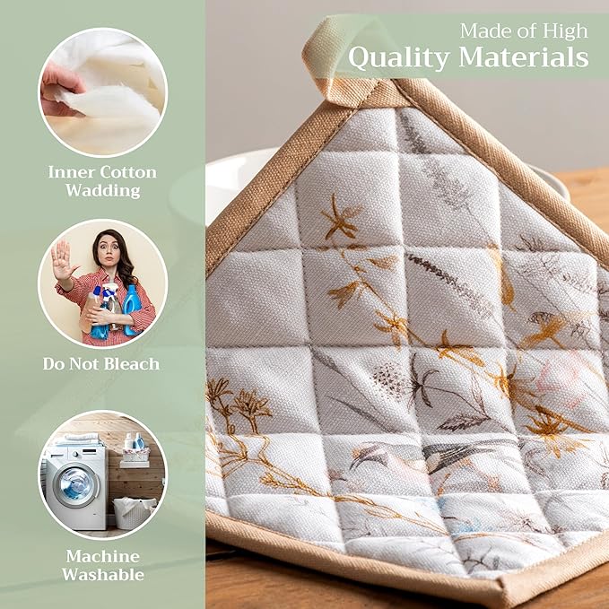 Maison d' Hermine Pot Holders 100% Cotton Heat Resistant Potholders 8" x 8" Hot Pads with Loop BBQ Baking Gifts for Mothers Day Handling Hot Pans Spring/Summer (Pack of 1, Meadow Florals - Beige)