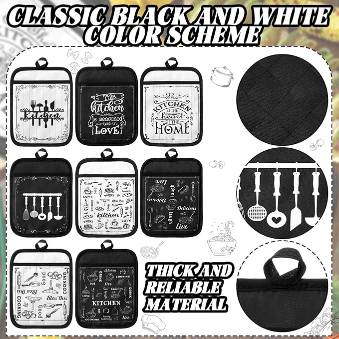 8 Pcs Pot Holders with Pocket Farmhouse Black and White Kitchen Decoration Kitchen Quotes Heat Resistant Potholders Hot Pad Oven Mitts Cookie Bag Oven Gloves for Home Decorations Baking Cooking Gifts
