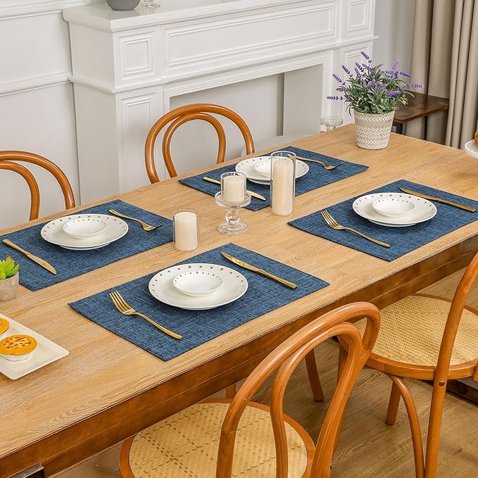 SHACOS Washable Cloth Placemats Set of 4 Double Layer Fabric Non Slip Heat Resistant Table Mats Linen Place Mats Stain Resistant Reversible Indoor Outdoor, Dark Blue