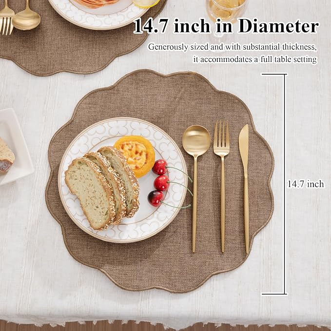 SHACOS Scalloped Round Placemats Set of 6 Polyester Linen Blend 15 inch Washable Non Slip Place Mats Easy Clean Heat Resistant Table Mats for Kitchen Dining Table Decor, Brown