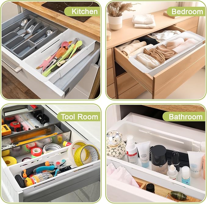 3 PCS Deep Drawer Organizer Bin Adjustable Sliding Drawer Organizers Expandable Kitchen Organizer Trays for Home Office Makeup Storage Tools